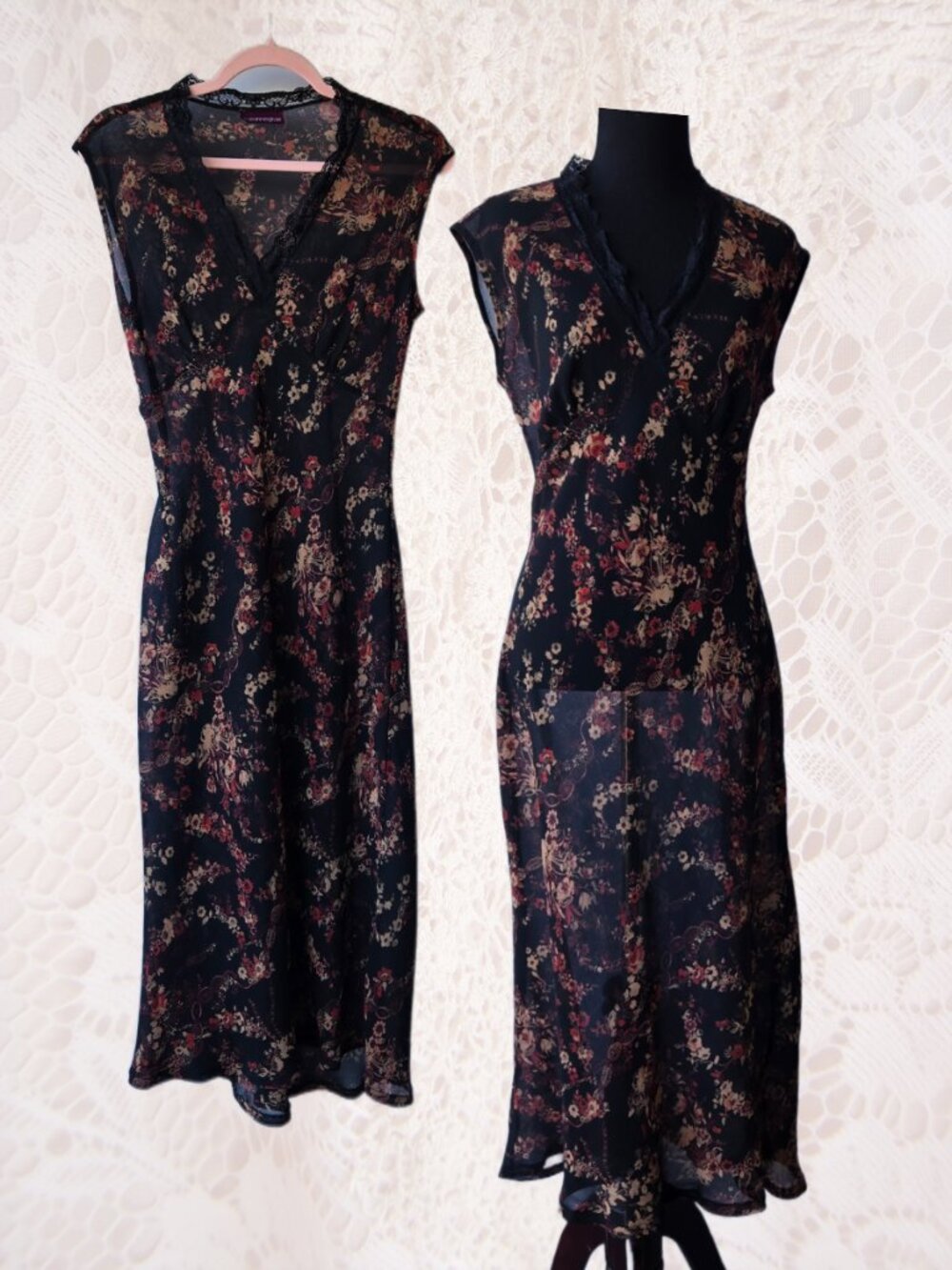 Suzanne Grae Vintage Sheer Black and Floral Print Fitted Dress Classic Office